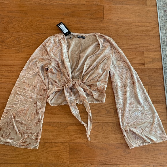 Nasty Gal Tops - Rose gold bell sleeve tie front velvet top